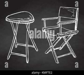 Two folding chairs hand drawn chalk on a chalkboard. Vector illustration in a sketch style Stock Vector