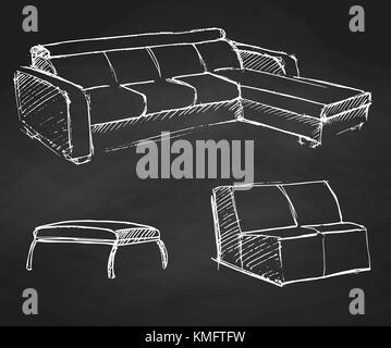 Sketch set isolated furniture. Hand drawn chalk on a chalkboard.Vector illustration in a sketch style. Stock Vector