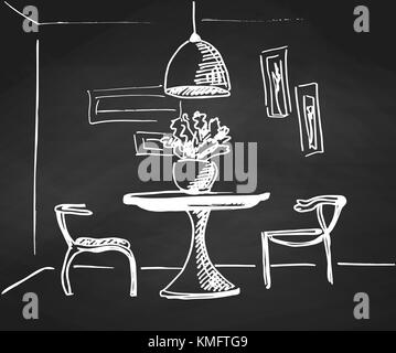 The sketch the room on the chalkboard.. Design a table and two chairs in the corner of the room. Stock Vector