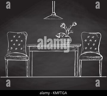 Two chairs and a table on the chalkboard. Vector illustration in a sketch style. Stock Vector
