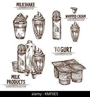 Digital vector detailed line art milk, milkshake, whipped cream and yogurt in different packages hand drawn retro illustration collection set. Thin ar Stock Vector