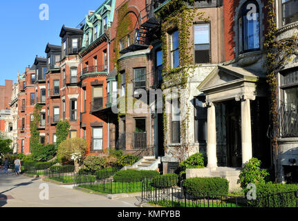 Back Bay apartment buildings In Boston, Massachusetts. Brownstone and brick townhouse facades covered in Boston ivy. Victorian architecture. Historic  Stock Photo