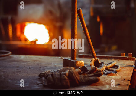 Hand anvil. hummers all blacksmith tools in forge. Stock Photo