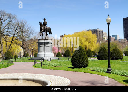 Boston Public Garden in early spring. Colorful tree flowers, meandering paths and George Washington statue. Travel background. Stock Photo