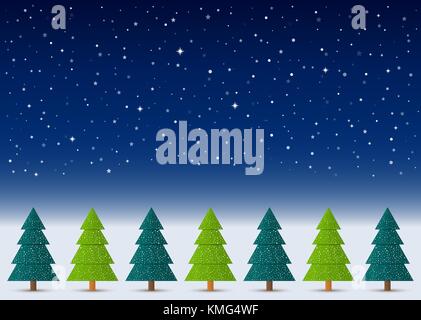 Vector Christmas winter background. Night sky, snow, stars with abstract conifers with snow in a row. Stock Vector