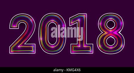 2018 Happy New Year. Multicolor outline numbers with glowing effect on dark purple background. Stock Vector