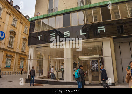 The new Tesla store in Vienna, Austria. Tesla model x and model s are exhibited in the center of Vienna city, near Grabenstrasse. Vienna, Austria. Stock Photo