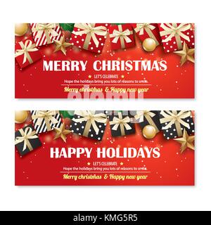 Greeting card merry christmas party poster banner design template on red background. Happy holiday and new year with gift box for voucher coupon theme Stock Vector