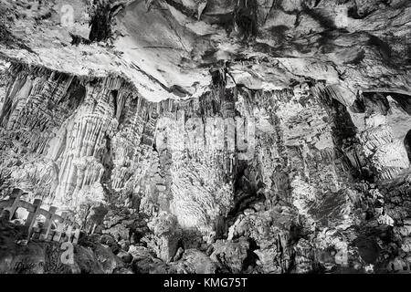 Black and white picture of The Reed Flute Cave, natural abstract background, Guilin, China. Stock Photo