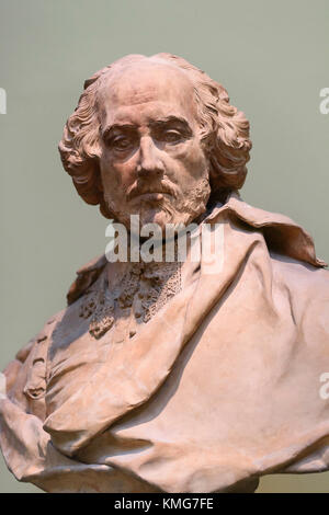 London. England. Terracotta portrait bust of William Shakespeare (1564-1616), by Louis-François Roubiliac (1702-1762), at the British Museum. Stock Photo