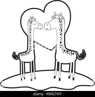 giraffes couple over grass with black sections silhouette and thick contour and heart in background Stock Vector