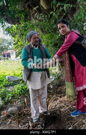 A man and a woman showing the formation of compost from cow dung which is used in organic farming. It contributes to sustainable development. Stock Photo