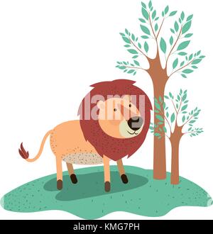 lion cartoon in forest next to the trees in colorful silhouette Stock Vector