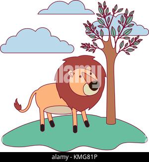 lion cartoon in forest next to the trees in colorful silhouette with thin contour Stock Vector