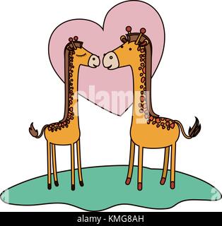 giraffes couple over grass in colorful silhouette on white background with heart Stock Vector