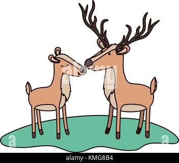 deer couple over grass in colorful silhouette on white background Stock Vector