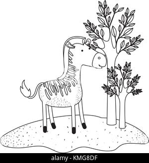 zebra cartoon in forest next to the trees in monochrome silhouette Stock Vector