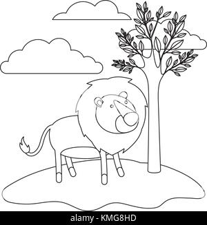 lion cartoon in outdoor scene with trees and clouds in monochrome silhouette Stock Vector