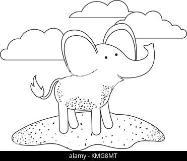 elephant cartoon in outdoor scene with clouds in monochrome silhouette Stock Vector