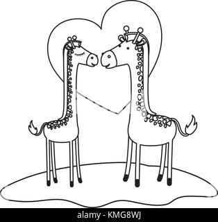 giraffes couple over grass in monochrome silhouette with heart in background Stock Vector