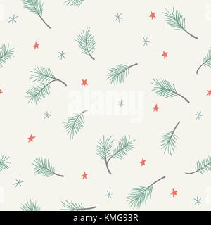 Seamless Christmas pattern with pine branches, stars and snowflakes Stock Vector