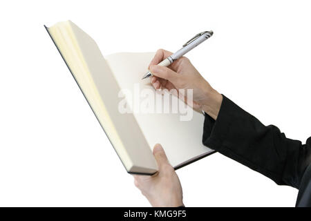 copy space Open book in hand isolated on white backgroun Stock Photo