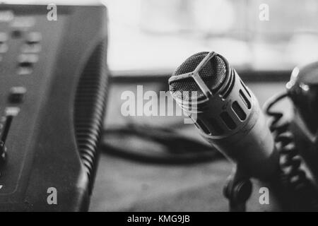 old microphone stands in the old Studio Stock Photo