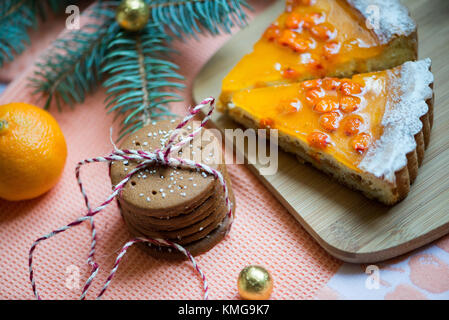 Two slices of sea buckthorn pie Stock Photo