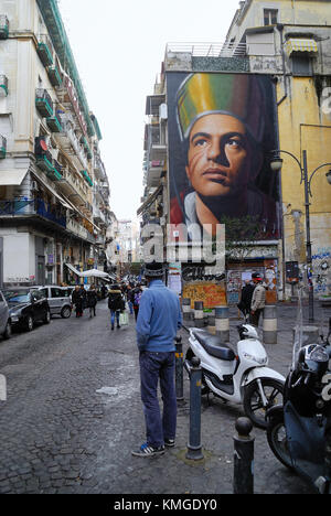 Naples, Italy. Street art in Forcella. The painting of San Gennaro by the artist  Jorit Agoch. Forcella is a popular and bad-repute neighborhood Stock Photo