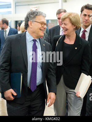 United States Senators Al Franken (Democrat of Minnesota) and Tammy Baldwin (Democrat of Wisconsin) arrive in the US Capitol by the Senate Subway prior to the vote on the repeal of the Affordable Care Act (ACA) also known as 'Obamacare' in Washington, DC on Wednesday, July 26, 2017. The Senate voted 55-45 to reject legislation undoing major portions of President Barack Obama's signature healthcare law without a plan to replace it. Credit: Ron Sachs/CNP /MediaPunch Stock Photo
