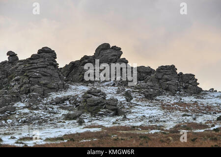 Hound Tor, Dartmoor, UK.  8th December 2017.  UK Weather.  A light dusting of snow covers the landscape at Hound Tor in the Dartmoor National Park in Devon on a day of snow showers and cold temperatures.  Picture Credit: Graham Hunt/Alamy Live News Stock Photo