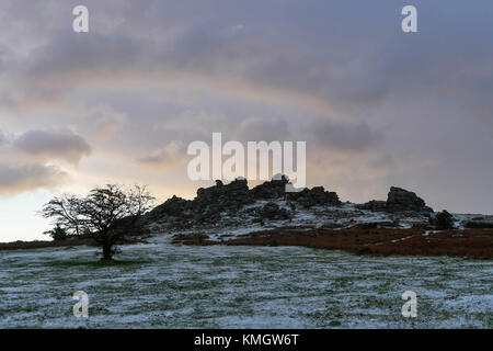 Hound Tor, Dartmoor, UK.  8th December 2017.  UK Weather.  A light dusting of snow covers the landscape at Hound Tor in the Dartmoor National Park in Devon on a day of snow showers and cold temperatures.  Picture Credit: Graham Hunt/Alamy Live News Stock Photo