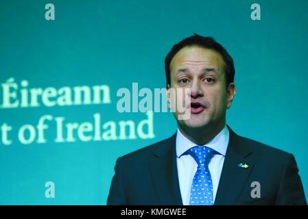 08/12/2017. Brexit Breakthrough. Pictured An Taoiseach (Prime Minister), Leo Varadkar TD  speaking to the media at a press conference in Government Buildings in Dublin on the Brexit Phase One Deal concluded in Brussels this morning. Photo: Sam Boal/Rollingnews.ie Stock Photo