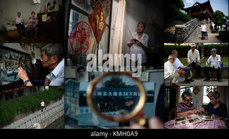 (171208) -- NANJING, Dec. 8, 2017 (Xinhua) -- The combo photo taken on May 26, 2017 shows Ma Tinglu listening radio at home(C top); Ma looking at his photo of the 71st anniversary of Nanjing Massacre with a magnifying glass (C bottom); Ma posing for a photo with his wife (L central); Ma looking at old photos with magnifying glass (L central); Ma walking along the Qinhuai River(L bottom); Ma passing by a Ming Dynasty city wall in Nanjing (R top); Ma talking with his friends in a park (R central); Ma and his younger brother Ma Tingbao, who is also a survivor of Nanjing Massacre, looking at photo Stock Photo