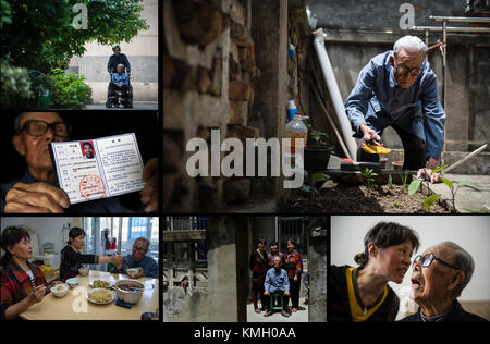 (171208) -- NANJING, Dec. 8, 2017 (Xinhua) -- The combo photo taken on May 4, 2016 shows Guan Guangjing taking care of his garden (R top); a nursing worker taking Guan outside in wheelchair (L top); Guan displaying his Nanjing Massacre certificate (L central); Guan and his daughters having meals together (L bottom); Guan posing for a photo with his daughters (C bottom); Guan talking with his youngest daughter Guan Shengqin. Guan Guangjing was born on April 18, 1917. He witnessed a household of four generations being killed in an explosion in 1937. Now he has four daughters and two sons. The ye Stock Photo