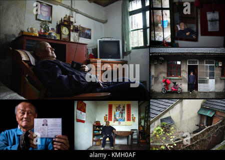 (171208) -- NANJING, Dec. 8, 2017 (Xinhua) -- The combo photo taken on Nov. 22, 2016 shows Li Changfu resting on the chair (L top); Li listening to the radio (R top); Li standing in front of the door (R central); Li exercising in his backyard (R bottom); Li sitting in the hall of his house (C bottom); Li displaying his Nanjing Massacre survivor certificate (L bottom). Li Changfu was born on Oct. 1, 1927. His home was burnt by Japanese soldiers during their invasion to Nanjing. Now he has three sons and three daughters and his wife passed away in 2010. The year 2017 marks the 80th anniversary o Stock Photo