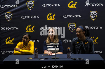 Hass Pavilion Berkeley Calif, USA. 07th Dec, 2017. guard Asha Thomas (L) and forward/center Kristine Anigwe (R) at the press conference celebrate her 200 career win after NCAA Women's Basketball game between San Diego Toreros and California Golden Bears 89-64 win at Hass Pavilion Berkeley Calif. Thurman James/CSM/Alamy Live News Stock Photo