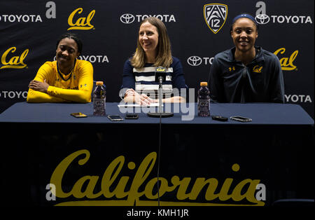 Hass Pavilion Berkeley Calif, USA. 07th Dec, 2017. guard Asha Thomas (L) and forward/center Kristine Anigwe (R) at the press conference celebrate her 200 career win after NCAA Women's Basketball game between San Diego Toreros and California Golden Bears 89-64 win at Hass Pavilion Berkeley Calif. Thurman James/CSM/Alamy Live News Stock Photo