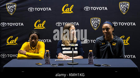 Hass Pavilion Berkeley Calif, USA. 07th Dec, 2017. guard Asha Thomas (L) and forward/center Kristine Anigwe (R) at the press conference after NCAA Women's Basketball game between San Diego Toreros and California Golden Bears 89-64 win at Hass Pavilion Berkeley Calif. Thurman James/CSM/Alamy Live News Stock Photo
