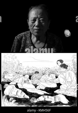 Nanjing, China. 10th Dec, 2017. (171210) -- NANJING, Dec. 10, 2017 (Xinhua) -- The combo picture shows the portrait, fingerprint of Shi Xiuying and illustrated story reviving her tragedy based on facts.  Born on Oct. 26, 1926, Shi is a survivor of Nanjing Massacre, a heinous crime committed by the Japanese militarists during World War II in 1937, in Nanjing, then capital of China.  In the winter of 1937, Shi found the body of his father in a pile of corpses slaughtered by Japanese invaders. Her eldest brother Shi Kunbao was forced onto a Japanese military truck and gone forever. The year 2017  Stock Photo