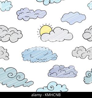 Hand drawn Doodle set of different Clouds, sketch Collection  vector illustration isolated on white. Stock Vector