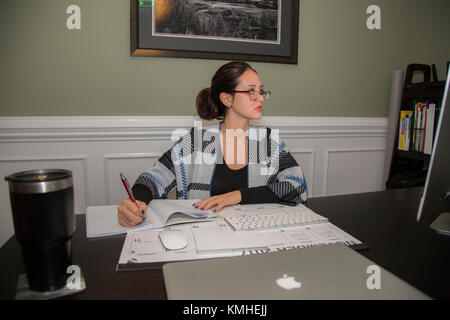 Beautiful 20-25 year old white female studying in her home office. Stock Photo