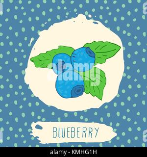Blueberry hand drawn sketched fruit with leaf on blue background with dots pattern. Doodle vector blueberry for logo, label, brand identity. Stock Vector