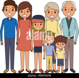 Happy family with parents, three children and babyborn. Isolated people ...