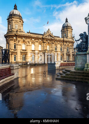 The Maritime Museum Reflected in Rainwater at Queen Victoria Square in Hull Yorkshire England Stock Photo