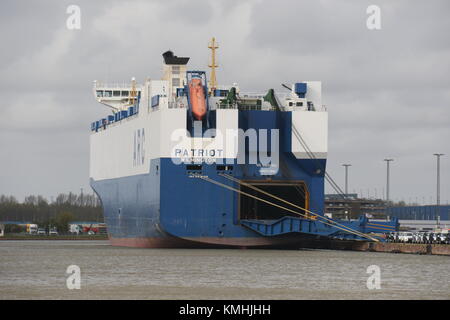 The car carrier Patriot is on 13 April 2017 in the port of Bremerhaven and is loaded. Stock Photo