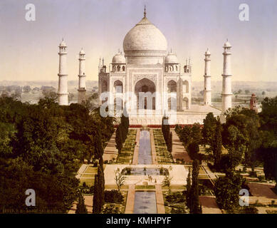 The Taj Mahal, an iconic white marble mausoleum in Agra, India. A ...