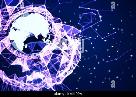 Global network connection background. Purple and blue technology backdrop. Telecommunication broadcast concept. Glowing plexus structure with Earth planet and particles. Abstract vector illustration. Stock Vector