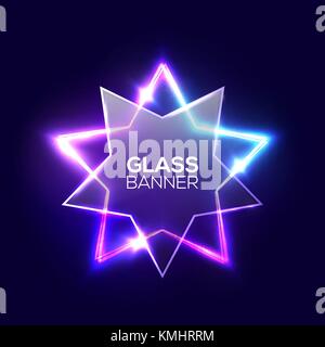 Abstract neon star with textured transparent glass plate. Techno glowing night club electric frame on dark blue backdrop. 3d retro light starry sign with neon effect. 80s style vector illustration. Stock Vector