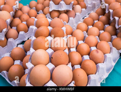 Brown chicken eggs placed in cardboard boxes at the market,outdoor. Stock Photo
